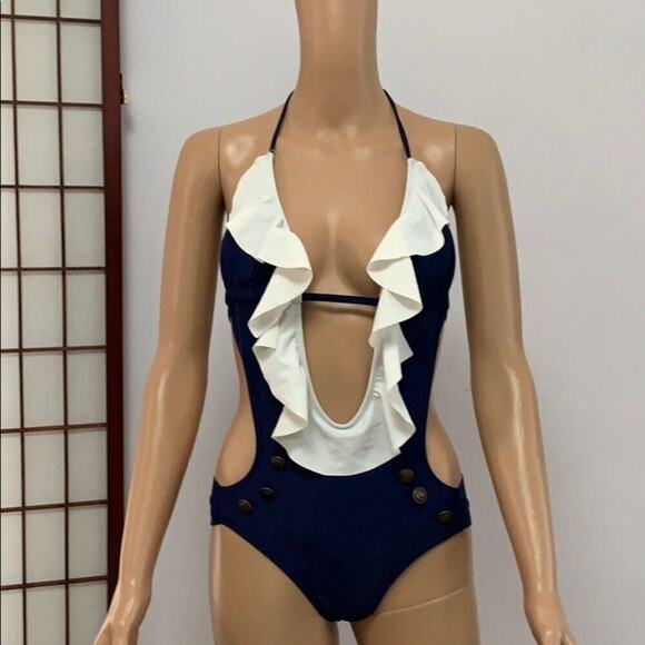 SWIMSUIT ONE PIECE BLUE &‎ WHITE SIZE S - Picture 1 of 4